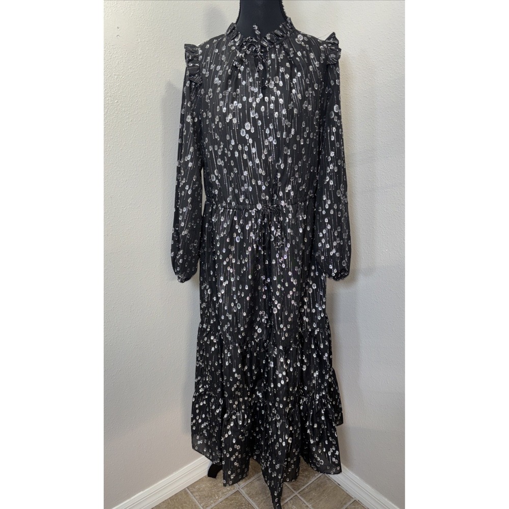 New Julia Jordan Midi Dress Women's 8 Metallic Black & Silver Sheer Sleeve Party